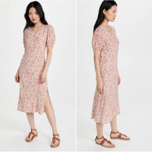 Rails V Neck Puff Sleeve Empire Waist Shelley Midi Dress in Multi Wildflower XS - Picture 2 of 14